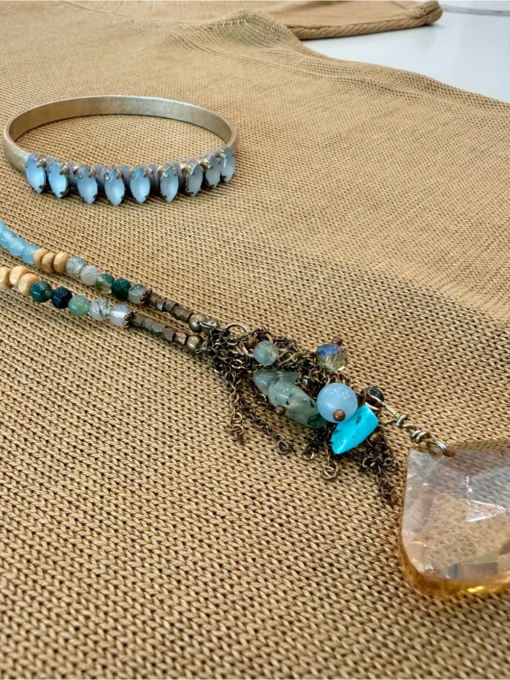 Light Blue Marquise Crystal Bangle & Turquoise Accent Pendant Necklace Set